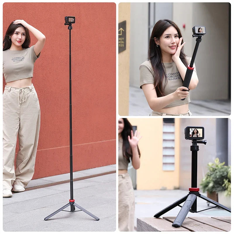 25cm action camera tripod with QR-style quick mount, black stand and three legs