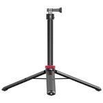 Black action camera tripod with three extended legs and compact tabletop stand