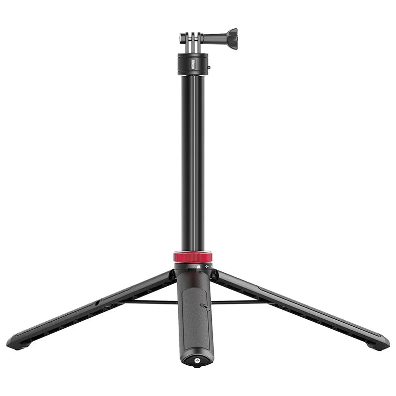 Black action camera tripod with three extended legs and compact tabletop stand
