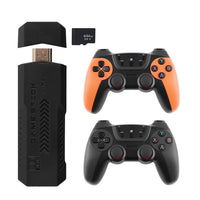 Game console system with two wireless controllers: orange and black, plus USB dongle