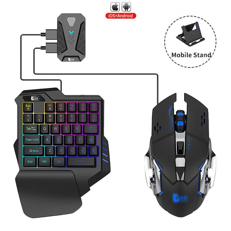 Gaming keyboard and mouse set with RGB backlit keys and blue-accented mouse, black