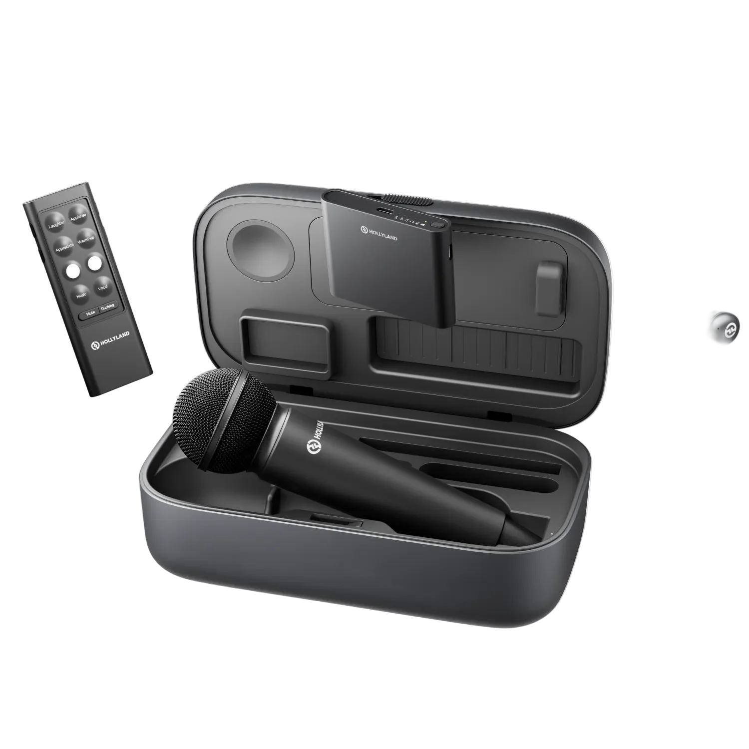 Hollyland wireless handheld microphone set with mic, receiver, and control panel case