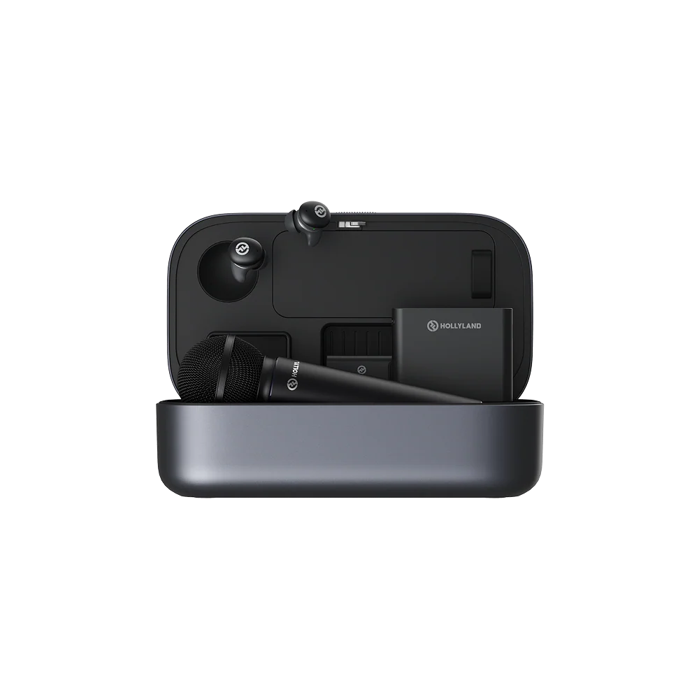 Hollyland wireless handheld microphone system with black mic and charging case