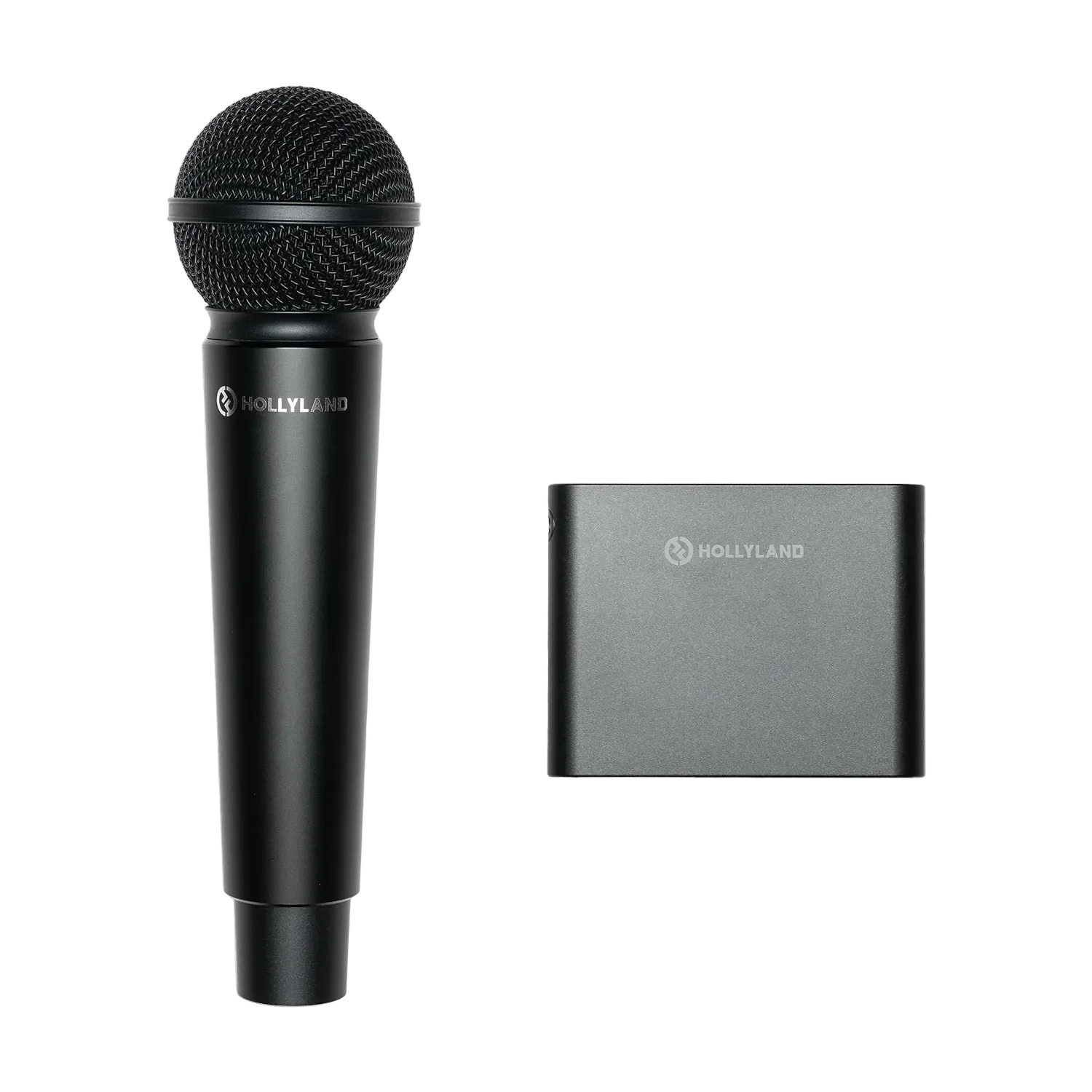 Black handheld microphone and square receiver for Hollyland wireless microphone system