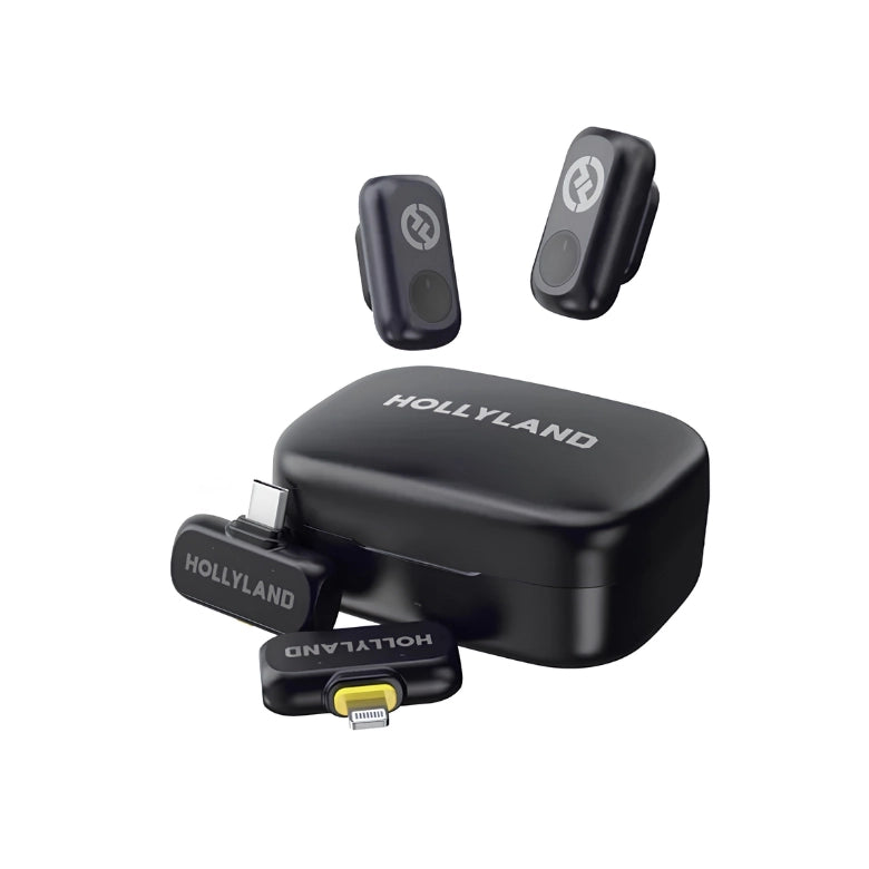 Wireless microphone set with black charging case and two clip-on transmitters