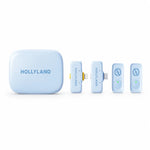 Wireless microphone kit with light blue charging case and two clip-on transmitters (HOLLYLAND).