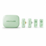 Wireless microphone kit with mint green charging case and two clip-on transmitters (HOLLYLAND).