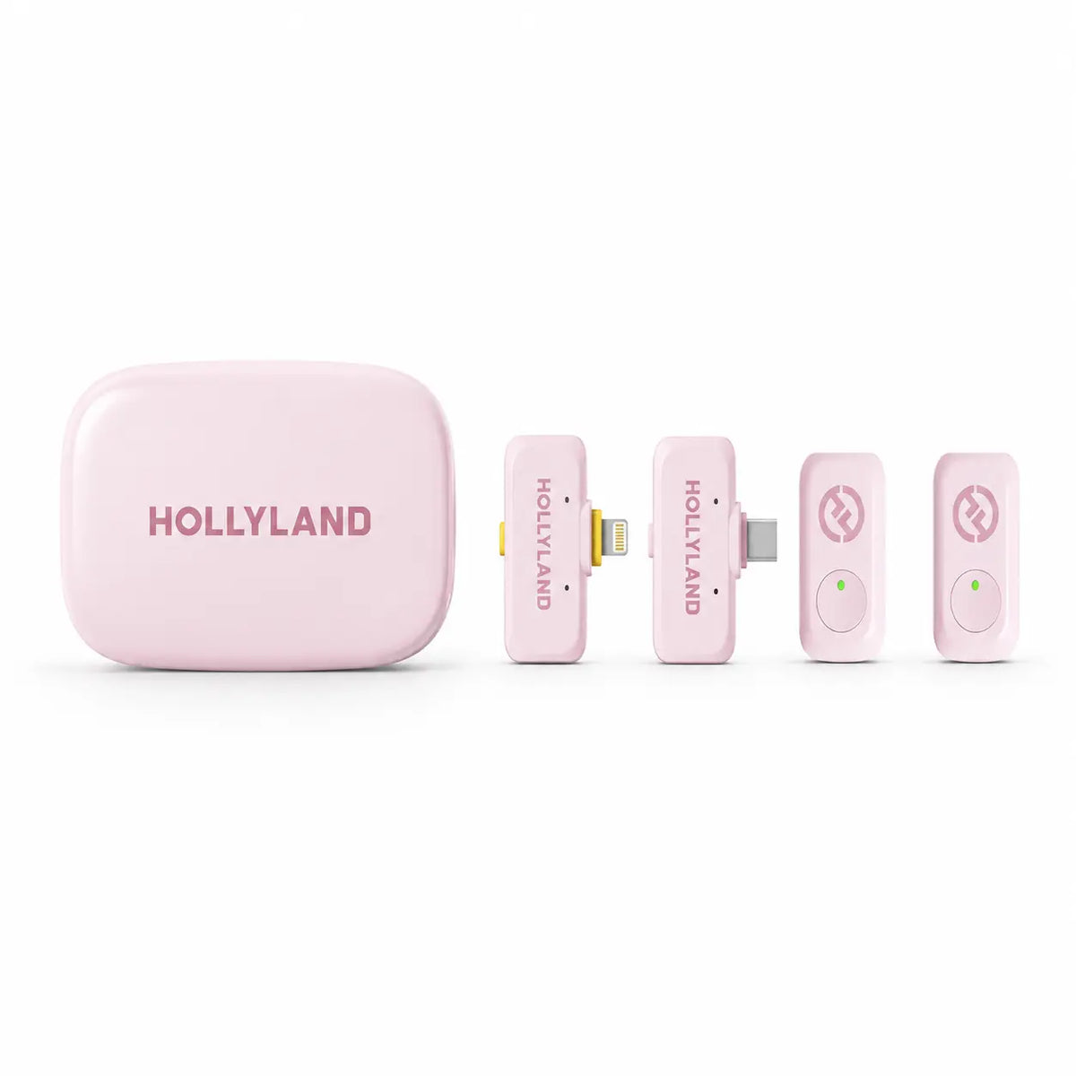 Wireless microphone kit with pink charging case and two clip-on transmitters (HOLLYLAND).