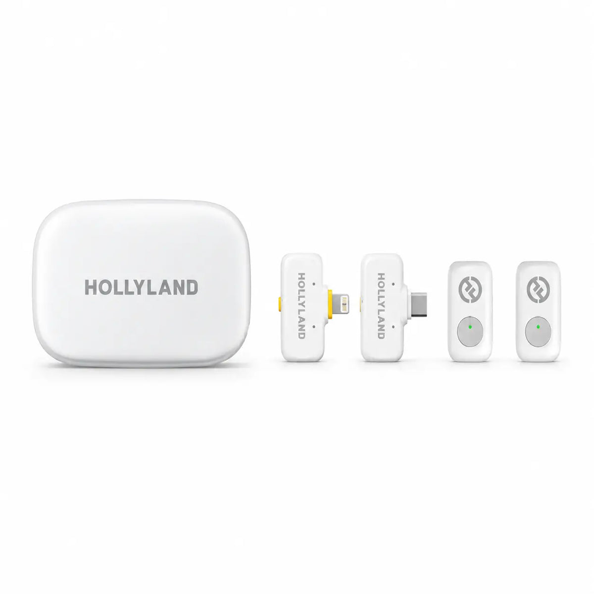 Wireless microphone kit with white charging case and two clip-on transmitters (HOLLYLAND).