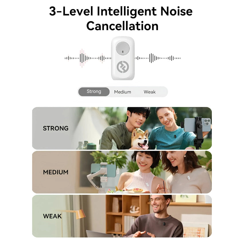 Wireless microphone receiver with three noise-cancellation levels: strong, medium, weak