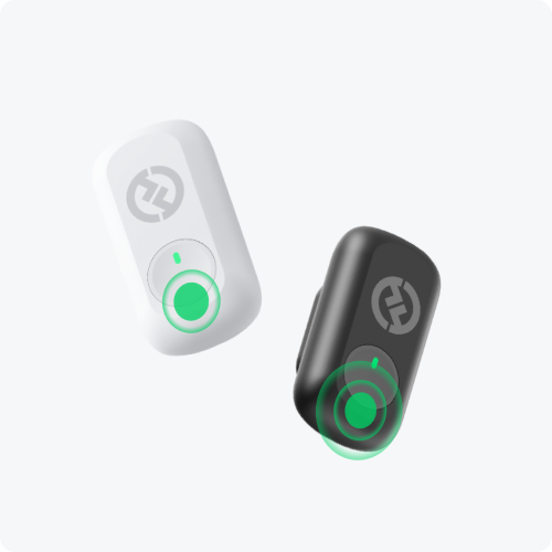 Wireless microphone duo with charging case, clip-on transmitters, green status lights