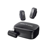 Hollyland wireless microphone duo: black charging case with two clip-on transmitters
