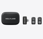 Wireless microphone case with HOLLYLAND branding and two black clip-on microphones
