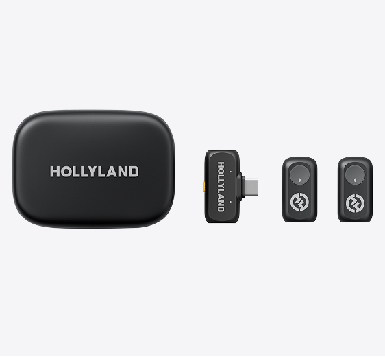 Wireless microphone case with HOLLYLAND branding and two black clip-on microphones