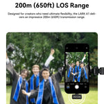 Wireless clip-on microphone receiver with smartphone screen and dark gray transmitters