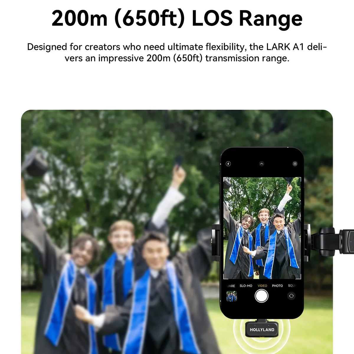 Wireless clip-on microphone receiver with smartphone screen and dark gray transmitters