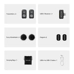 Wireless microphone accessory kit: transmitters, USB-C receiver, windscreens, magnets, cable