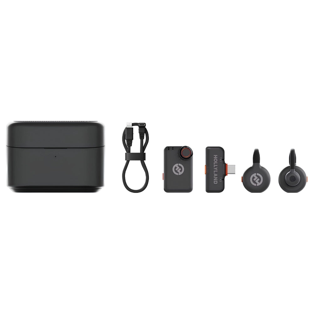 Wireless audio accessory kit with charging case, cable, two transmitters, and earbuds