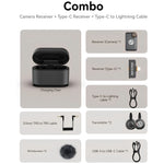 Wireless microphone combo contents: black charging case, receiver, transmitters, cables