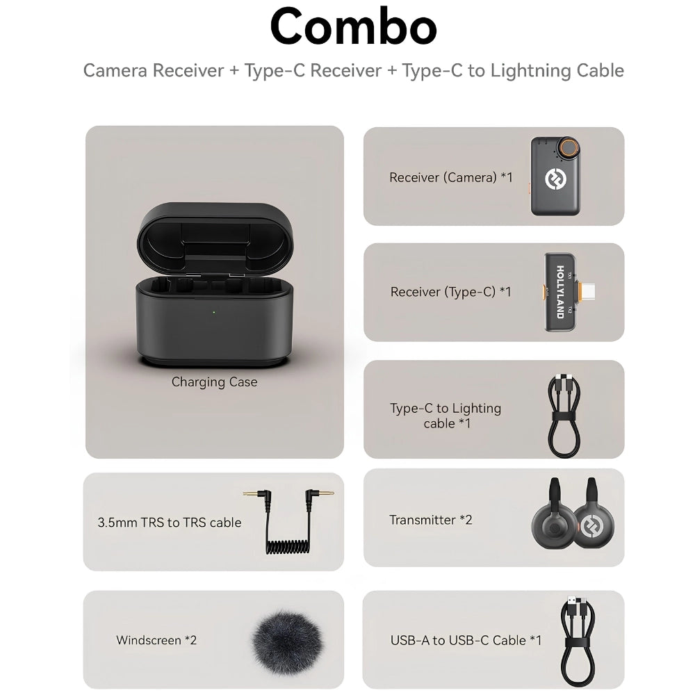 Wireless microphone combo contents: black charging case, receiver, transmitters, cables