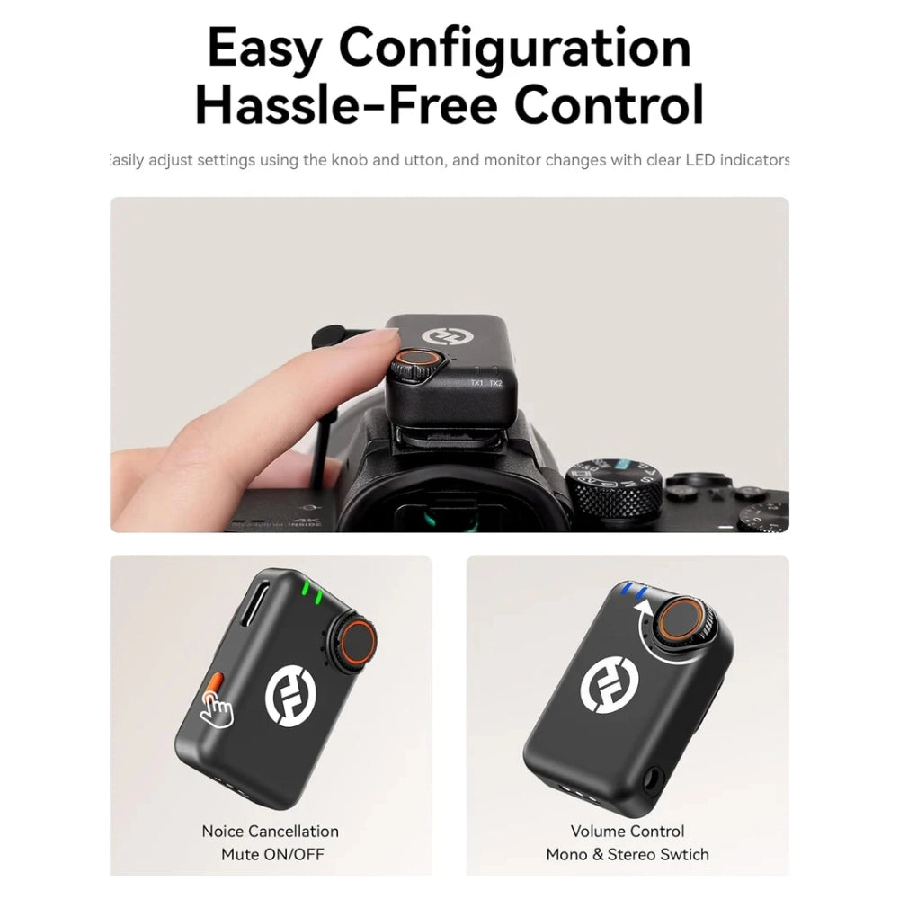 Wireless microphone receiver with buttons mounted on camera, held by hand