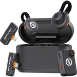 Wireless microphone combo with space-gray receiver and two clip-on mics