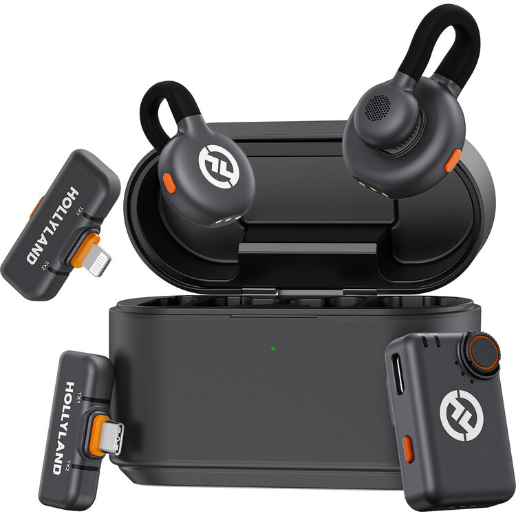 Wireless microphone combo with space-gray receiver and two clip-on mics