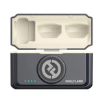 Wireless audio transmitter case with logo and indicator lights, charcoal gray