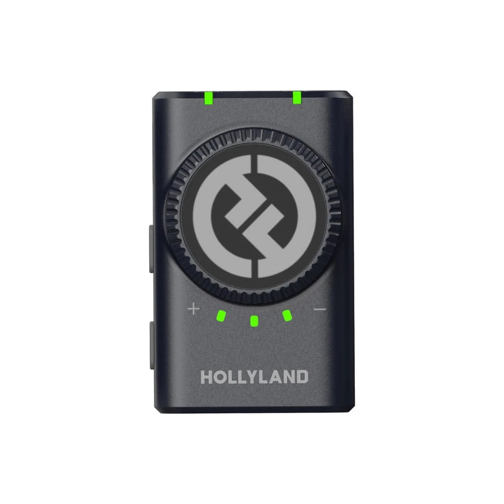 Wireless audio transmitter, charcoal gray with circular control and HOLLYLAND text