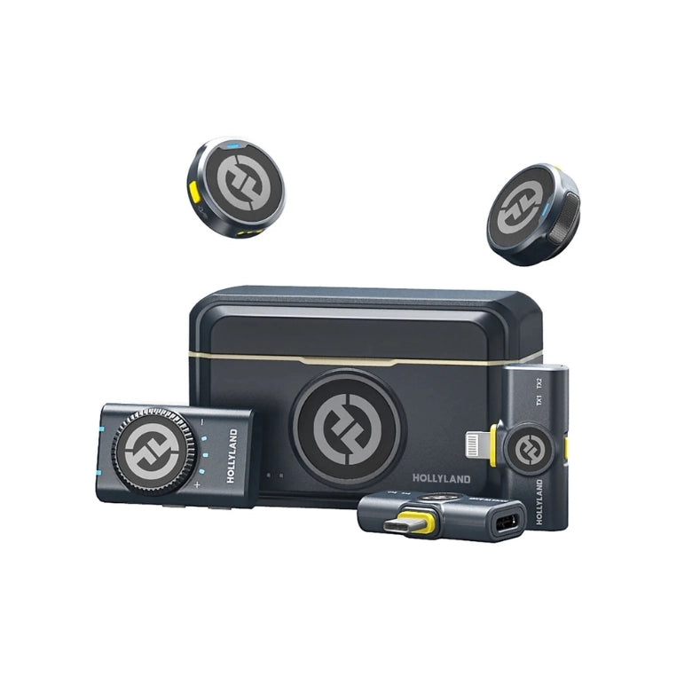 Wireless microphone receiver transmitter kit in charcoal with two clip-on mics