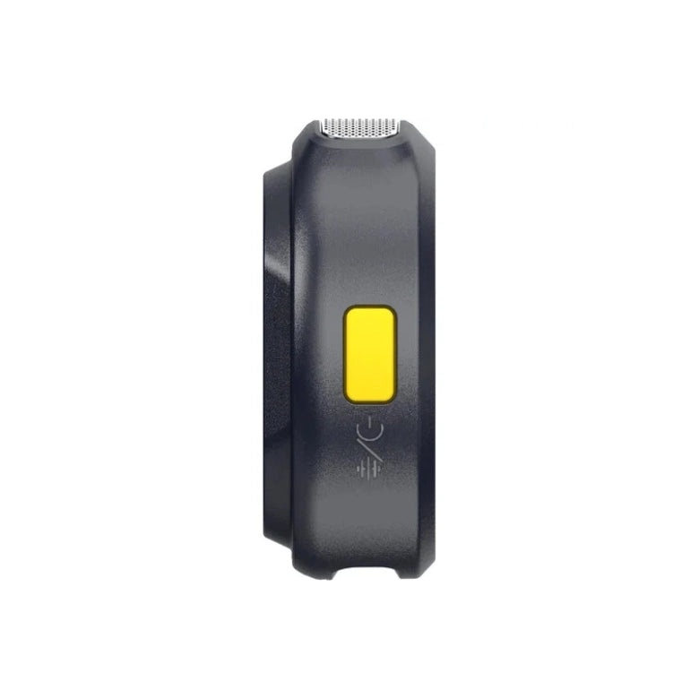 Wireless mic transmitter body in dark charcoal with yellow status window