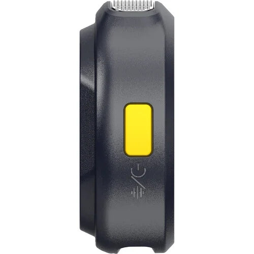 Charcoal wireless microphone transmitter with yellow status window and grille top