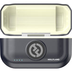 Hollyland wireless microphone charging case in charcoal, LED indicators and logo