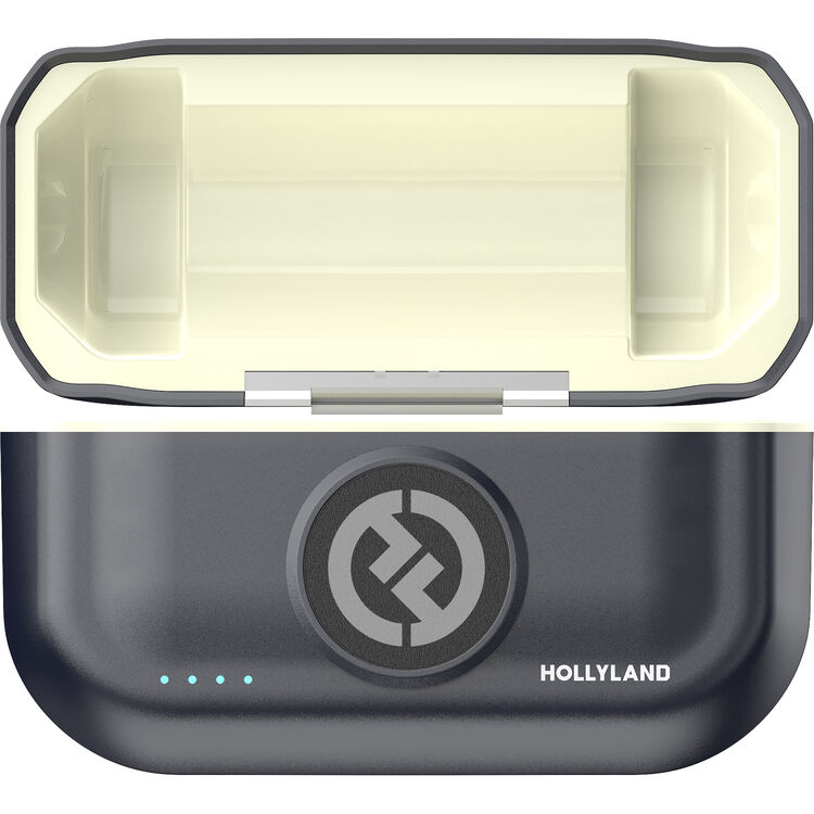 Hollyland wireless microphone charging case in charcoal, LED indicators and logo