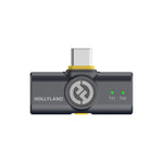 Charcoal USB-C wireless microphone transmitter with TX1 and TX2 labels