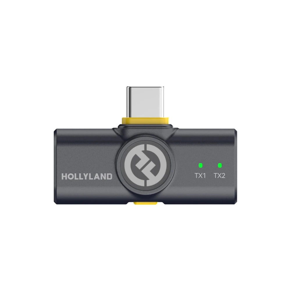 Charcoal USB-C wireless microphone transmitter with TX1 and TX2 labels