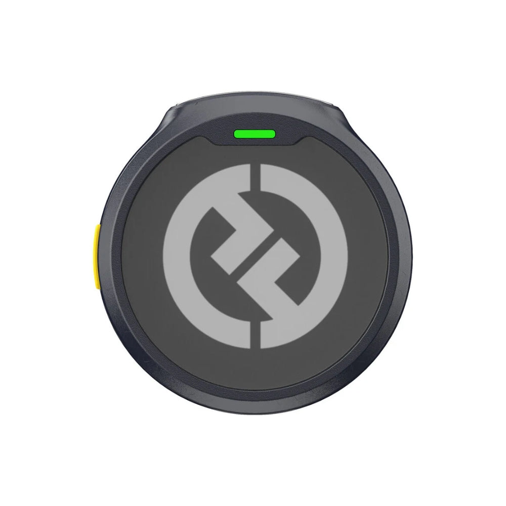 Charcoal wireless microphone receiver with green status light and logo