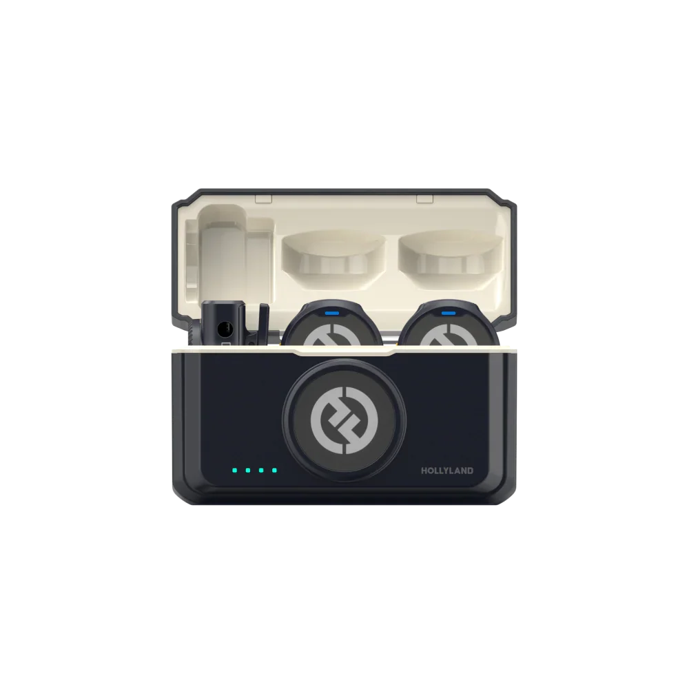 Charcoal wireless lavalier mic charging case with two transmitters in open tray