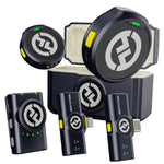 Wireless microphone set with receiver and two transmitters in charcoal with green LEDs