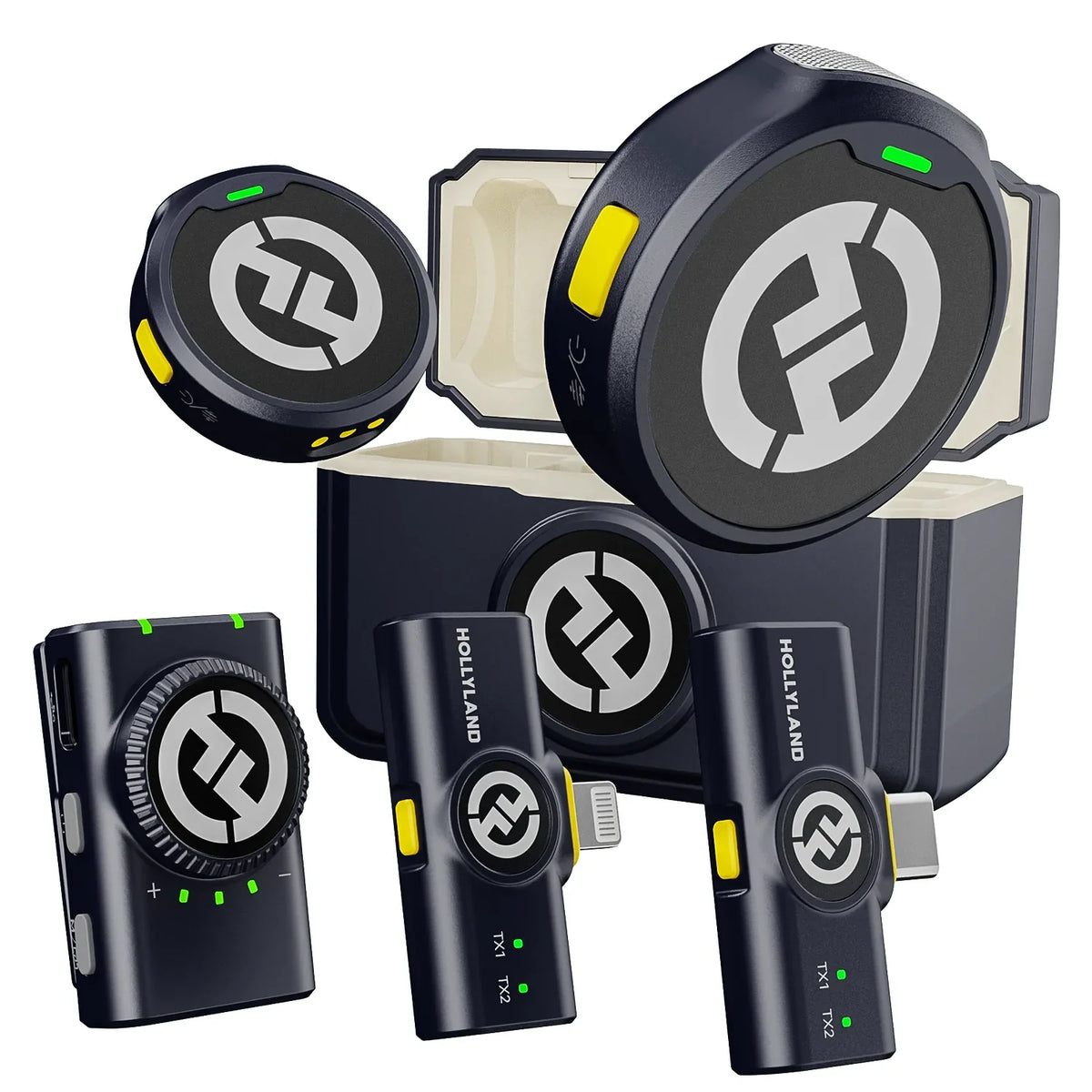 Wireless microphone set with receiver and two transmitters in charcoal with green LEDs