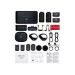 Wireless microphone kit accessories with charging case, transmitters, receiver, cables, windscreens