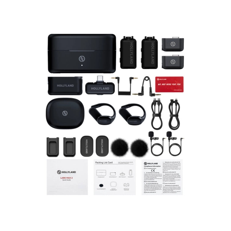 Wireless microphone kit accessories with charging case, transmitters, receiver, cables, windscreens