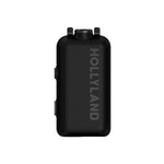 Black wireless microphone transmitter case with HOLLYLAND branding and side clips