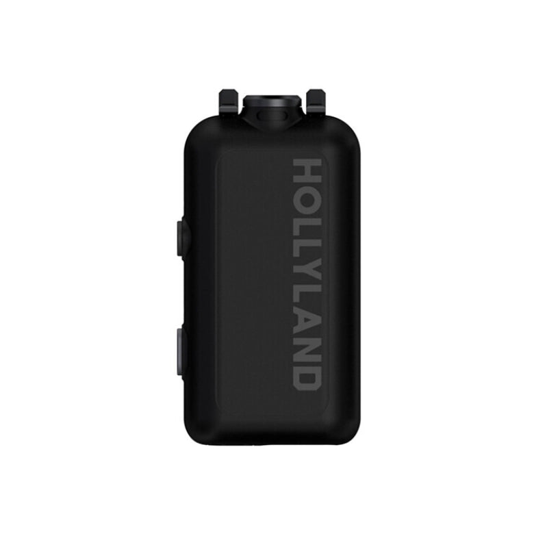 Black wireless microphone transmitter case with HOLLYLAND branding and side clips