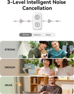 Wireless clip-on microphone with noise-cancellation levels infographic