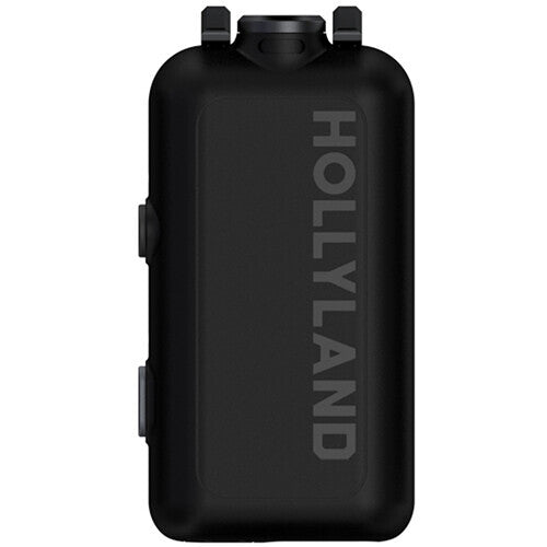 Space gray wireless microphone transmitter with HOLLYLAND branding, vertical design