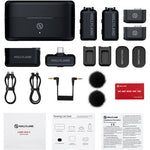 Wireless microphone kit parts: case, two transmitters, receiver, cables, and windshields