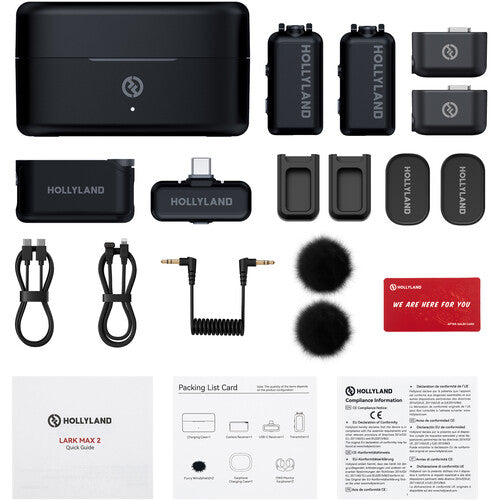 Wireless microphone kit parts: case, two transmitters, receiver, cables, and windshields