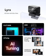 Black Hollyland 4K UHD webcam on a clear mount, lens facing forward