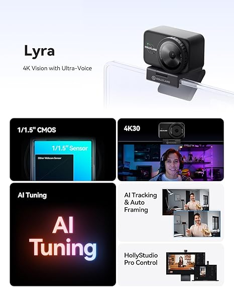 Black Hollyland 4K UHD webcam on a clear mount, lens facing forward